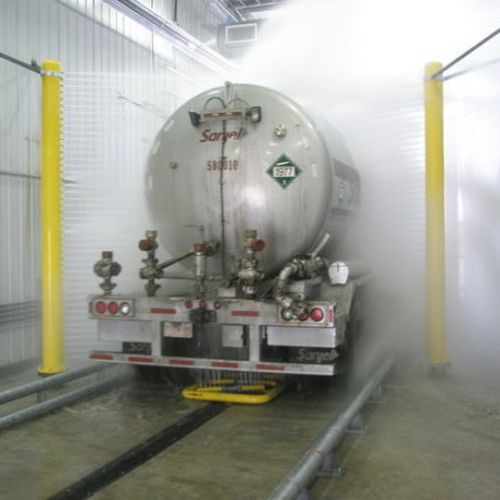 truck wash in industrial wash tunnel